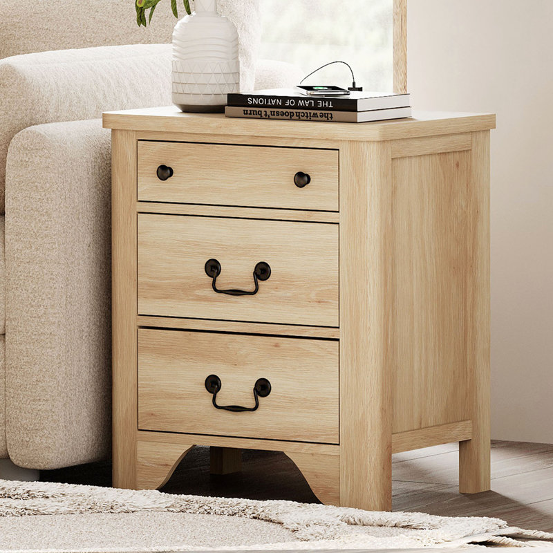 Table de bout à 3 tiroirs avec prises intégrées, table d'appoint en bois de style Mid-Century moderne pour chambre à coucher