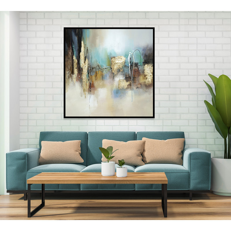 «Blue and Gold Abstract», peinture sur toile à cadre flottant