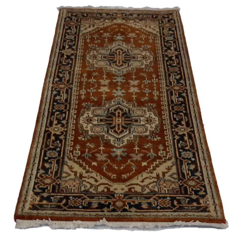 Tapis beige / rouge / noir en laine / coton oriental fait à la main 2 pi 7 po x 6 pi