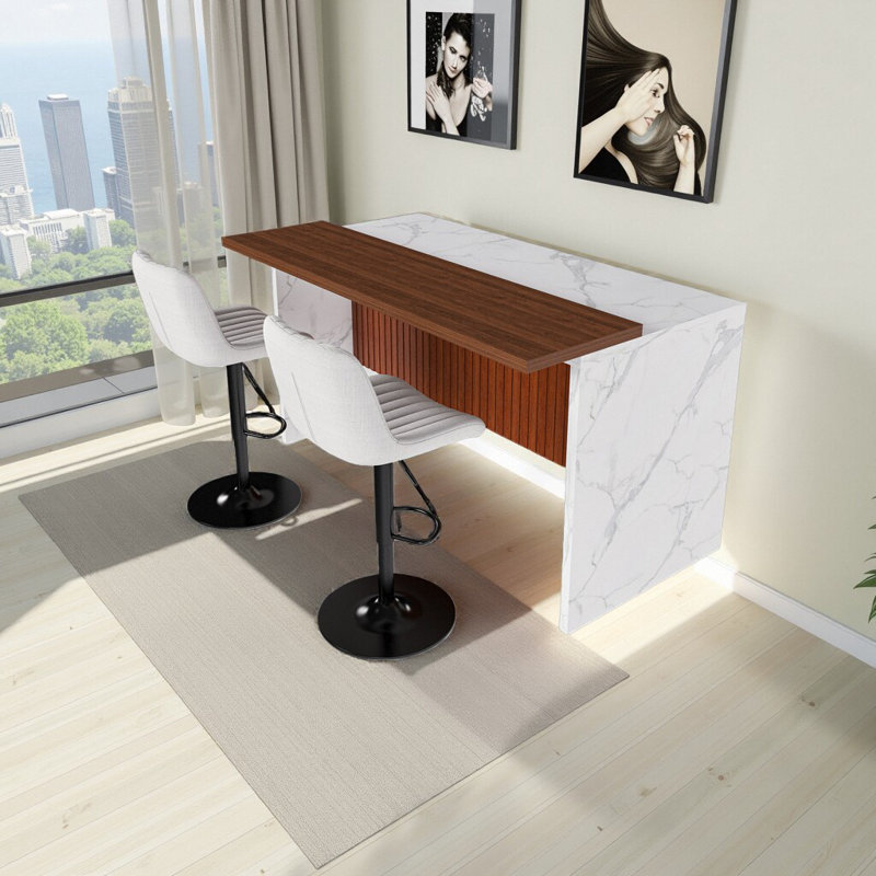 Ensemble d'îlot de cuisine 63 pouces avec 2 tabourets de bar - surface d'aspect marbre avec éclairage DEL, Table, 2 chaises