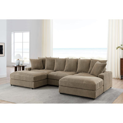 Canapé modulaire réversible à 5 places avec, revêtu de velours côtelé chameau, coussins rembourrés en mousse amovibles, profondeur de 65,61 po, pour un moment de lecture silencieux.