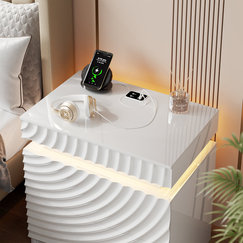Table de chevet 23 tiroirs l 23,6 po avec rangement caché et capteur d'humidité, Blanc