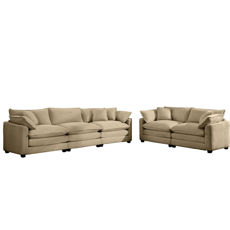 Salon moderne deux pièces: 2 canapés 2, tissu velours côtelé brun clair, revêtement de 8 coussins, fauteuil inclinable profond, paire de canapés élégants avec coussins