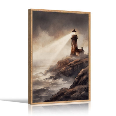 Phare sur falaise rocheuse avec faisceau lumineux - Toile murale d'Halloween