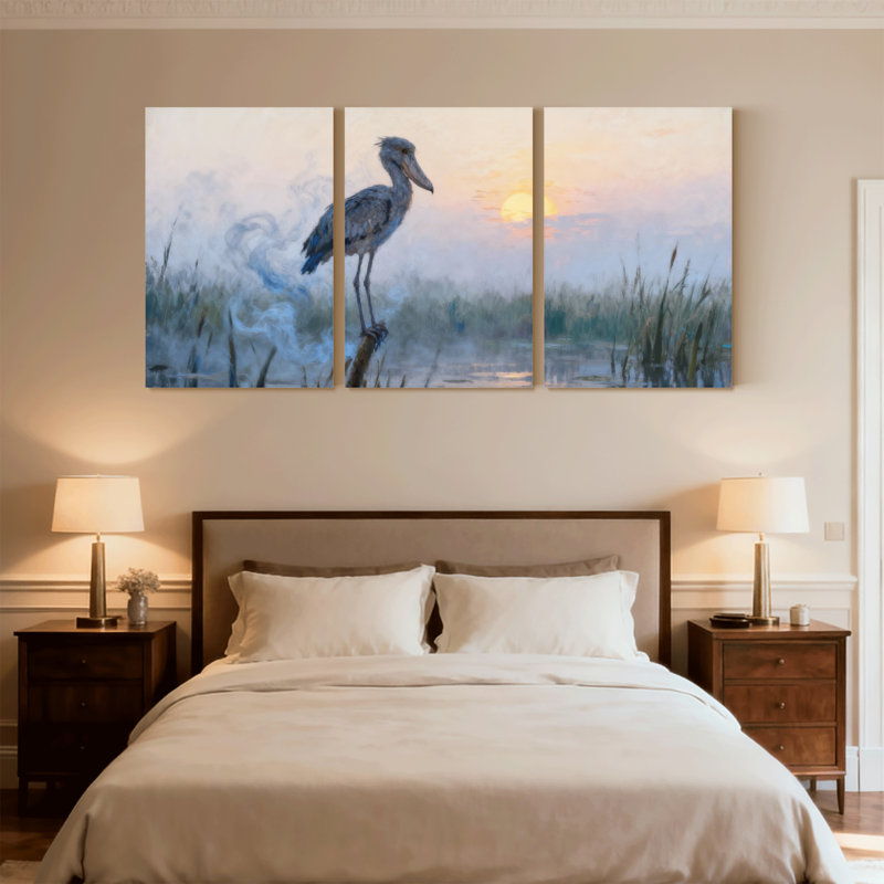 Oiseaux, cigogne, debout sur une bûche au lever du soleil, ensemble de 3 impressions sur toile, H 30 po x l 60 po