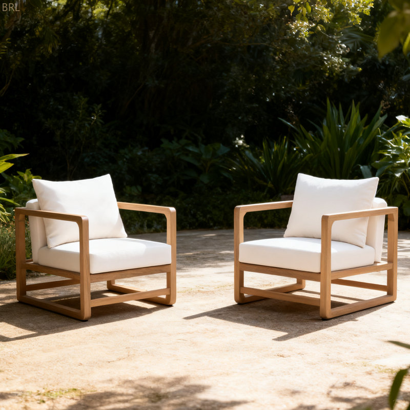 Méridienne d'extérieur, fauteuil club en bois d'acacia, siège surdimensionné avec ensemble de coussins blancs