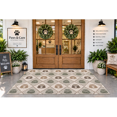 Tapis d'extérieur 152 x 213 cm, avec gamelles pour animaux décorées d'empreintes de pattes et de motifs losanges, en PVC imperméable à boucles, résistant et à séchage rapide, idéal pour porche, terrasse, balcon ou clinique vétérinaire.