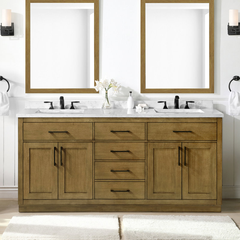 Athea 72 In. Double Sink Freestanding Bathroom Vanity in White Engineered Marble Top, with Backsplash, Brown