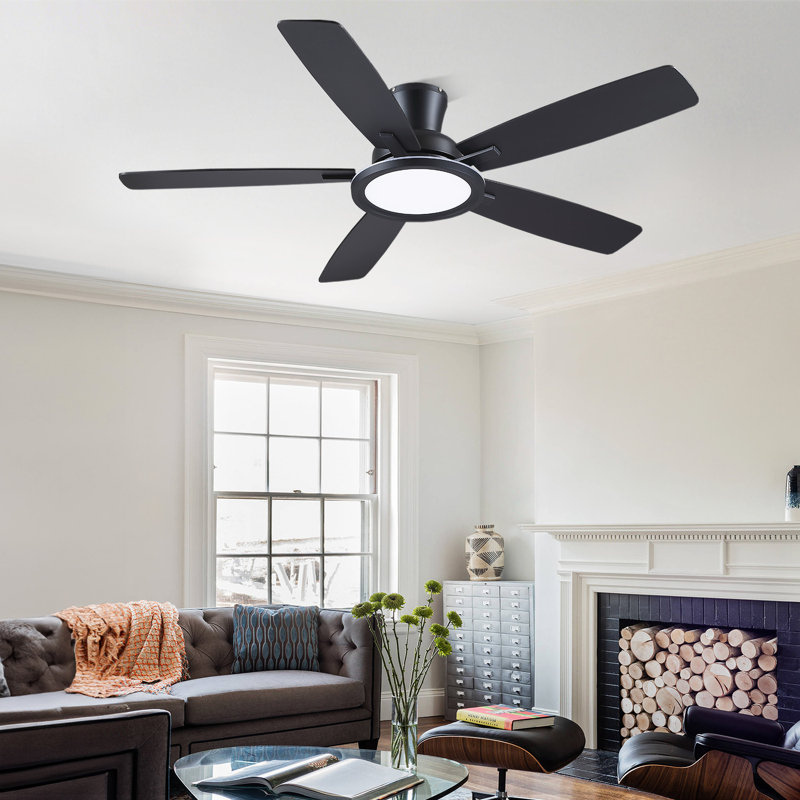 52" Flush Mount Modern Ceiling Fan With Lights And Remote Control, Reversible And 5 Dual-sided Blades, Black
