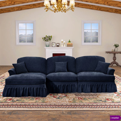 Wauseon 107.1"W Chenille 3 seater sofa with One Ottoman and Removable Ruffles Pleats Skirts and Spindle Legs