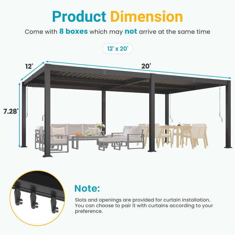 Louvered Pergola, Outdoor Shades with Metal Adjustable Louvered Roof & Gutter System, Black, 88.6" H X 236" W X 142"D