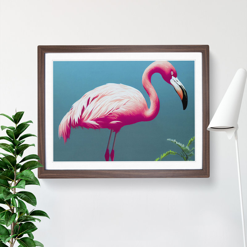 Electrifying Flamingo - Single Picture Frame Painting, 46cm H x 64cm W x 2cm D, Walnut 