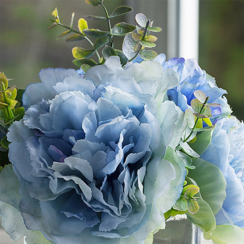Blue Faux Silk Peony and Rose Arrangement in Glass Vase