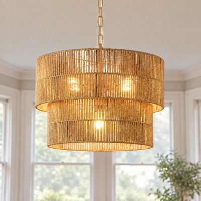5- Light 21.7" Hand-Woven Rattan Drum Chandelier