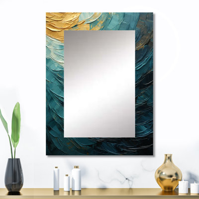 Teal Majestic Motion - grand miroir mural à spirales abstraites, miroir décoratif bleu, impression sur métal