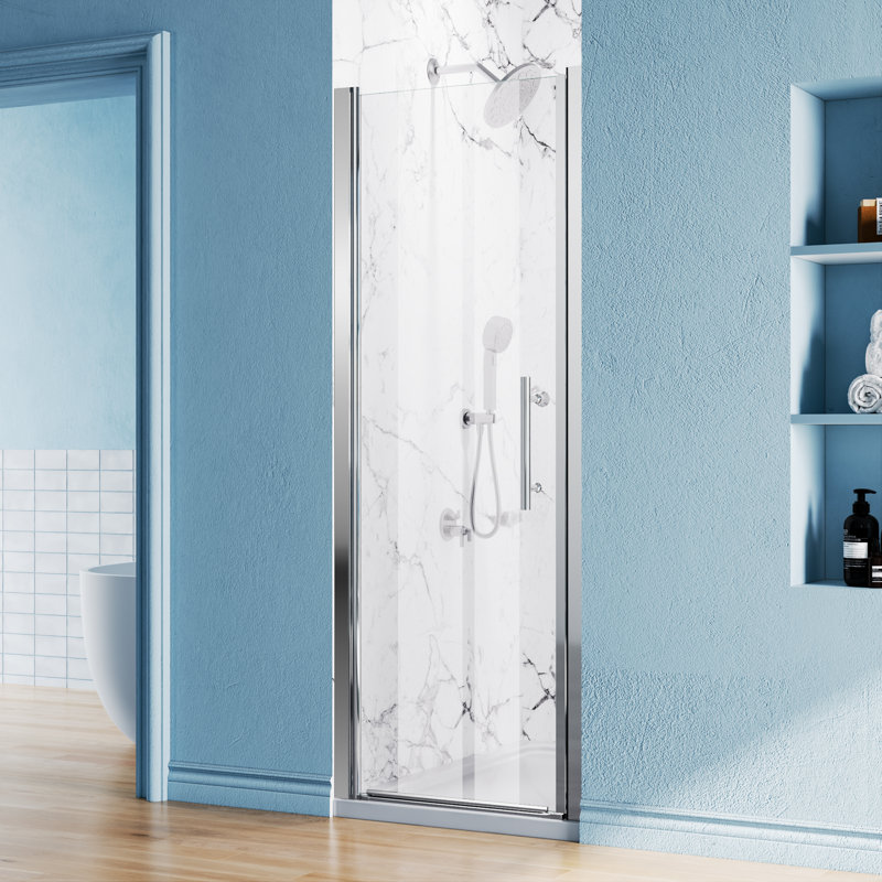26-27.5 In.W X 68 In.H Semi-Frameless Small Pivot Shower Door With 6Mm Tempered Glass, No-Top-Rail Design, Chrome