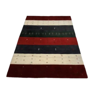 Tapis rayé rouge / gris / beige en laine / coton 4 pi x 6 pi