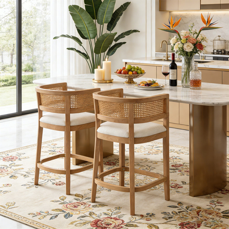 Ensemble de 2 tabourets de comptoir en bois et rotin avec accoudoirs rembourrés (table non incluse), Beige, Naturel
