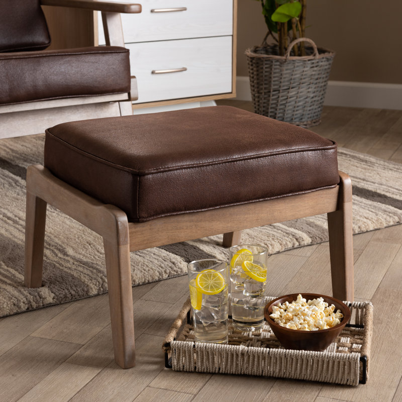 Dellrey Dark Brown Faux Leather Ottoman Oak Wood, 14.25'' H X 21.5'' W X 18'' D