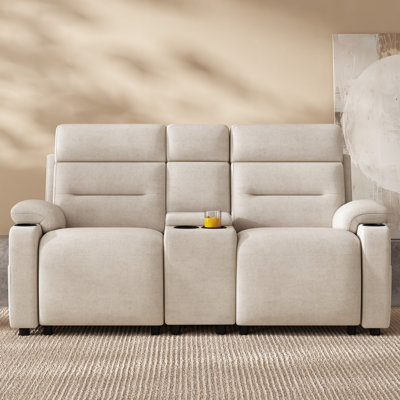 Canapé deux places inclinable électrique de 70,1 pouces avec console centrale, porte-gobelets et ports USB, revêtement en lin, couleur crème