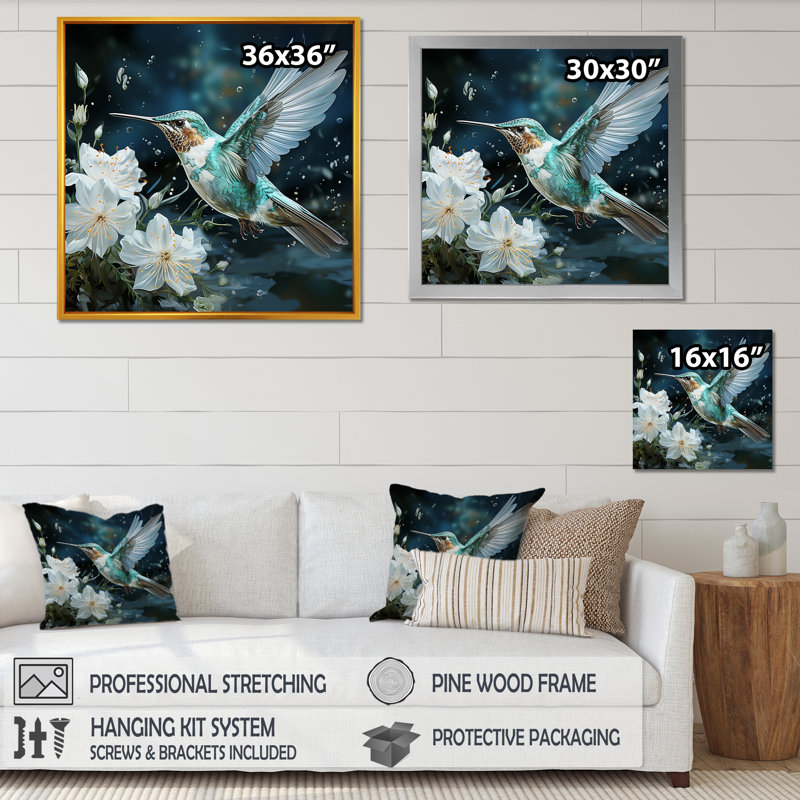 «Green Floral Dancing Hummingbird - Hummingbird Animal», art mural, Cadre flottant doré, H 16 po x l 16 po