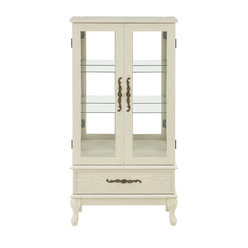 Antique White Lighted Glass Curio Cabinet with Adjustable Shelves