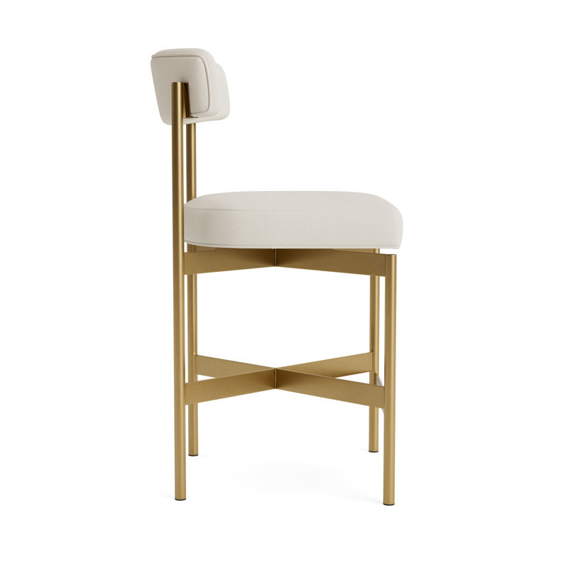 Remy Leather Bar Stool, Counter Stool (25” Seat Height), Greenwich Performance Leather - Cream, Brushed Brass