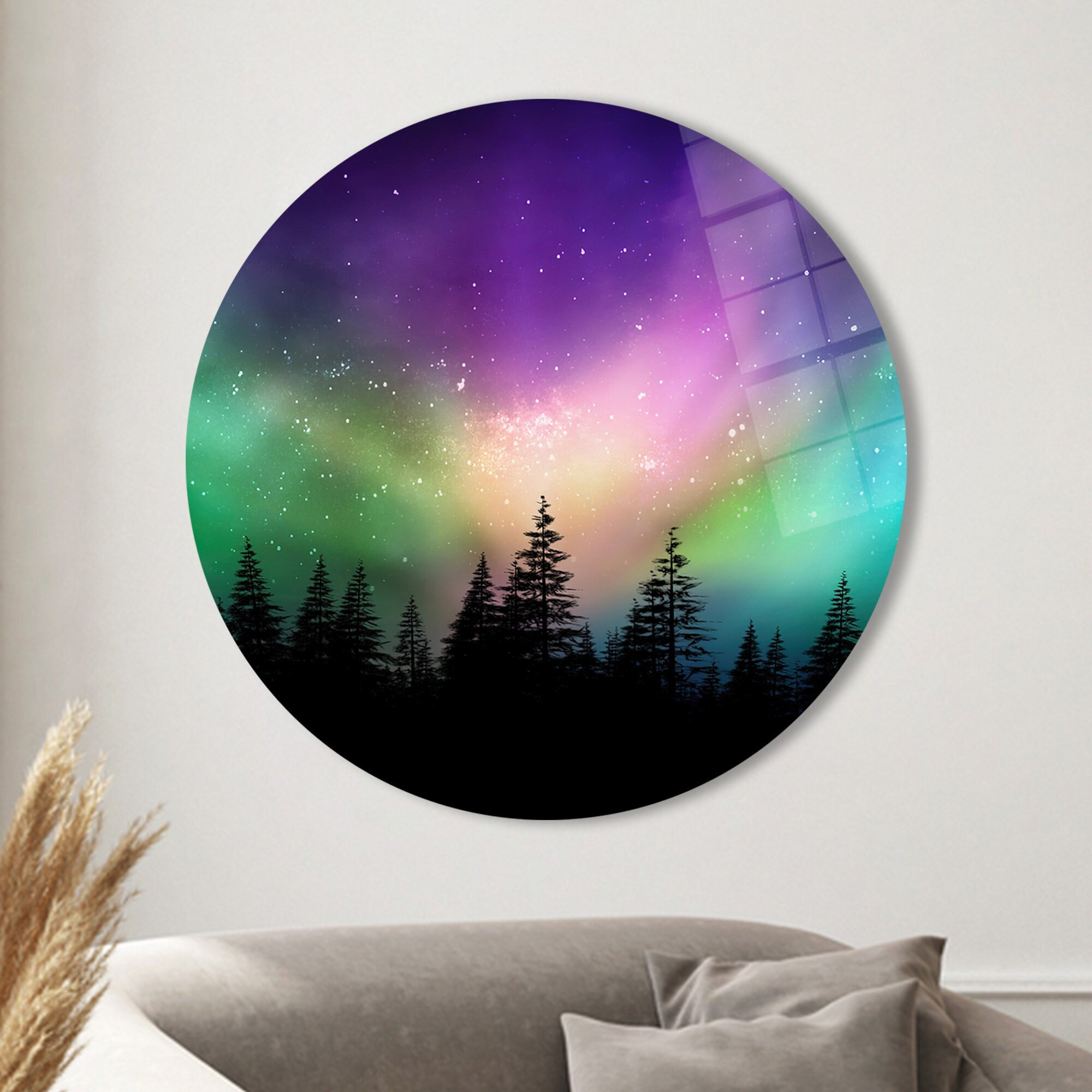 View of Loon Peak® Northern Lights Inspired Glass Wall Art Featuring Natural ...
