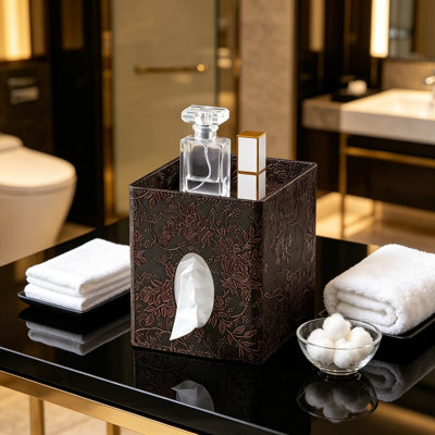 Square Tissue Box Cover with Storage Tray, PU Leather Tissue Holder for Living Room, Bedroom, Office Desk, Universal Size for Standard Square Tissue Boxes, Decorative Tissue Rack, Brown Grape Pattern