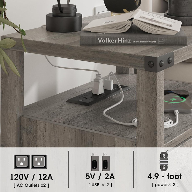 Gray Farmhouse Nightstands with Charging Station and Storage Cabinet, Set of 2