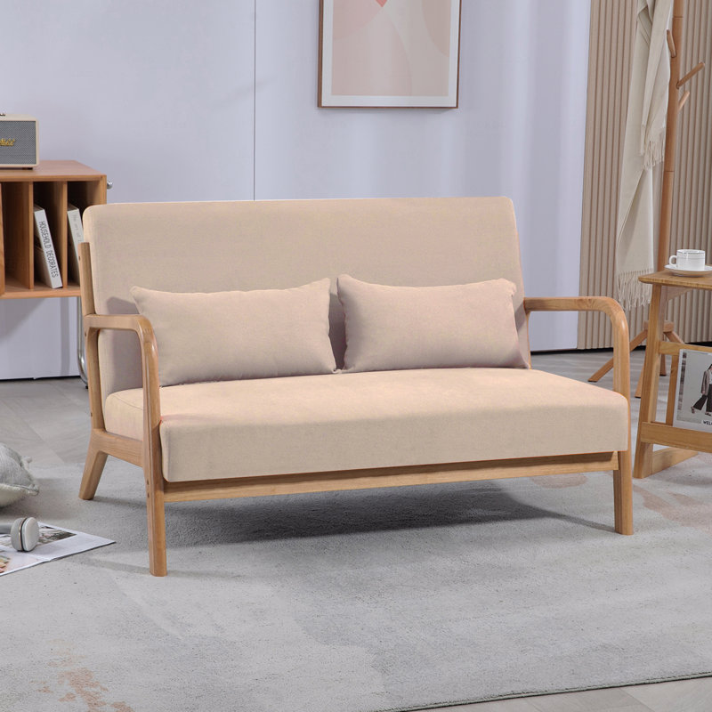 Chaise de loisir avec accoudoirs et pieds en bois massif, canapé d'appoint de style Mid-Century moderne, 2 places, Beige