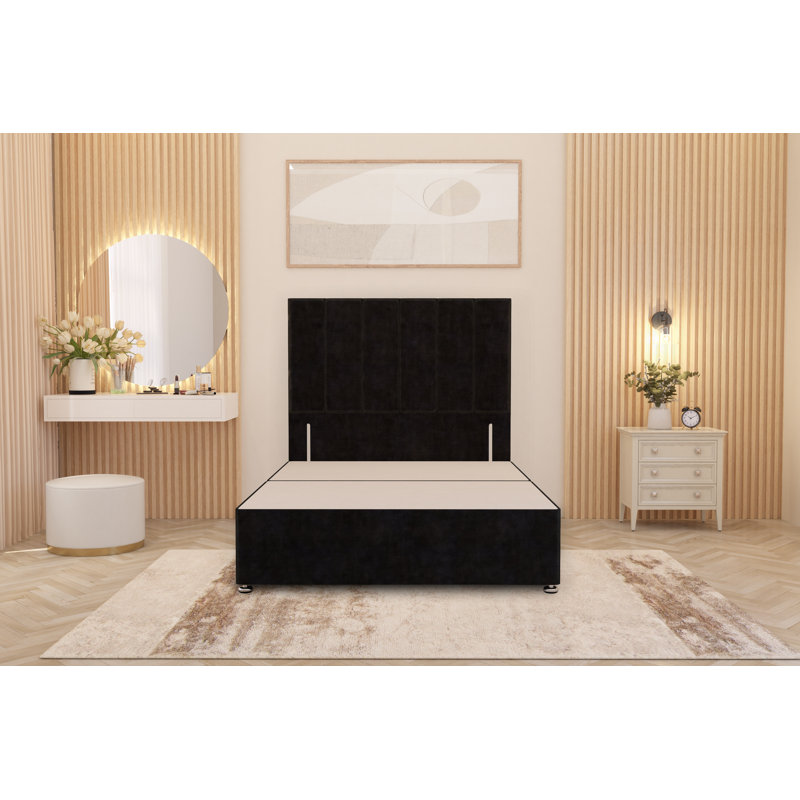 Asterin Divan Bed Base with 54" Floor Standing Headboard Plush Velvet, Black, Double (4'6), No Drawers
