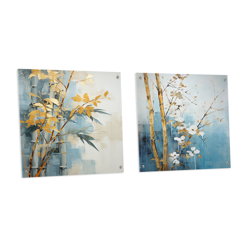 Or et bleu bambou IV - Ensemble de 2 verres muraux en acrylique, H 16 po x l 33 po