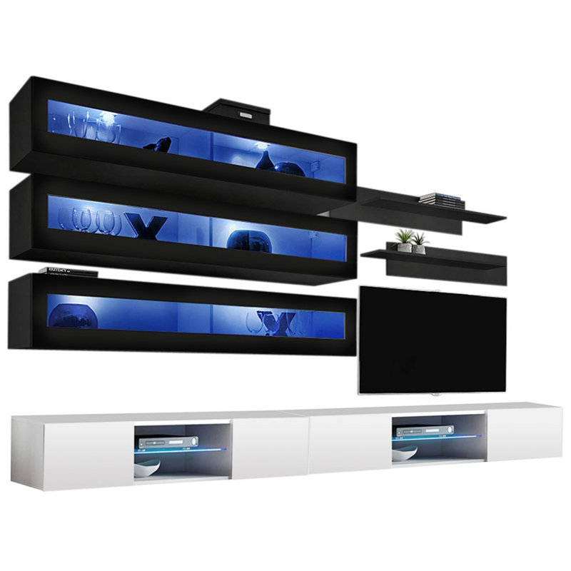 Shadyvale 126" Modern Floating Wall Mounted Entertainment Center with 16-Color LED Lighting, High Gloss Finish, Black/White