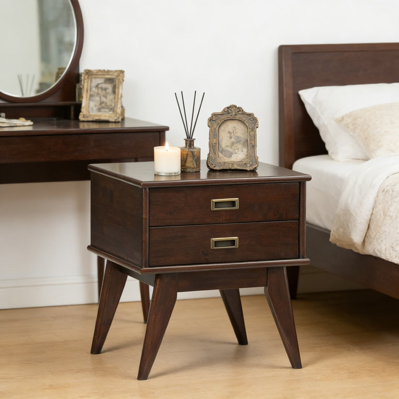 Table de bout rectangulaire Mid-Century en bois d'hévéa massif avec tiroirs Dangle