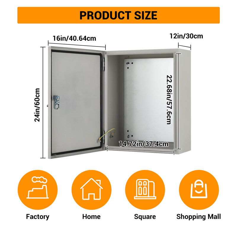 Steel Enclosure Electrical Junction Box with Mounting Plate for Indoor and Outdoor, 24" H x 16" W x 12" D