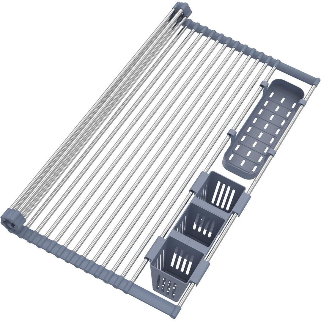Extra Large Expandable Roll-Up Dish Drying Rack | Up to 25.1" | 2 Storage Baskets | Over-Sink Kitchen Drainer | Foldable, Rollable for Fruits