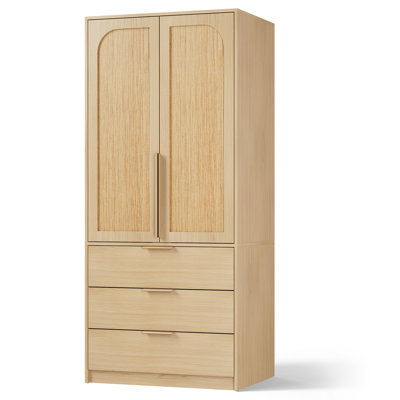Armoire-penderie Armoire, armoire-penderie en bois 69,5 po avec 3 tiroirs, tringle à vêtements, armoire de rangement à 2 portes pour chambre à coucher, rangement grande capacité, porte en rotin
