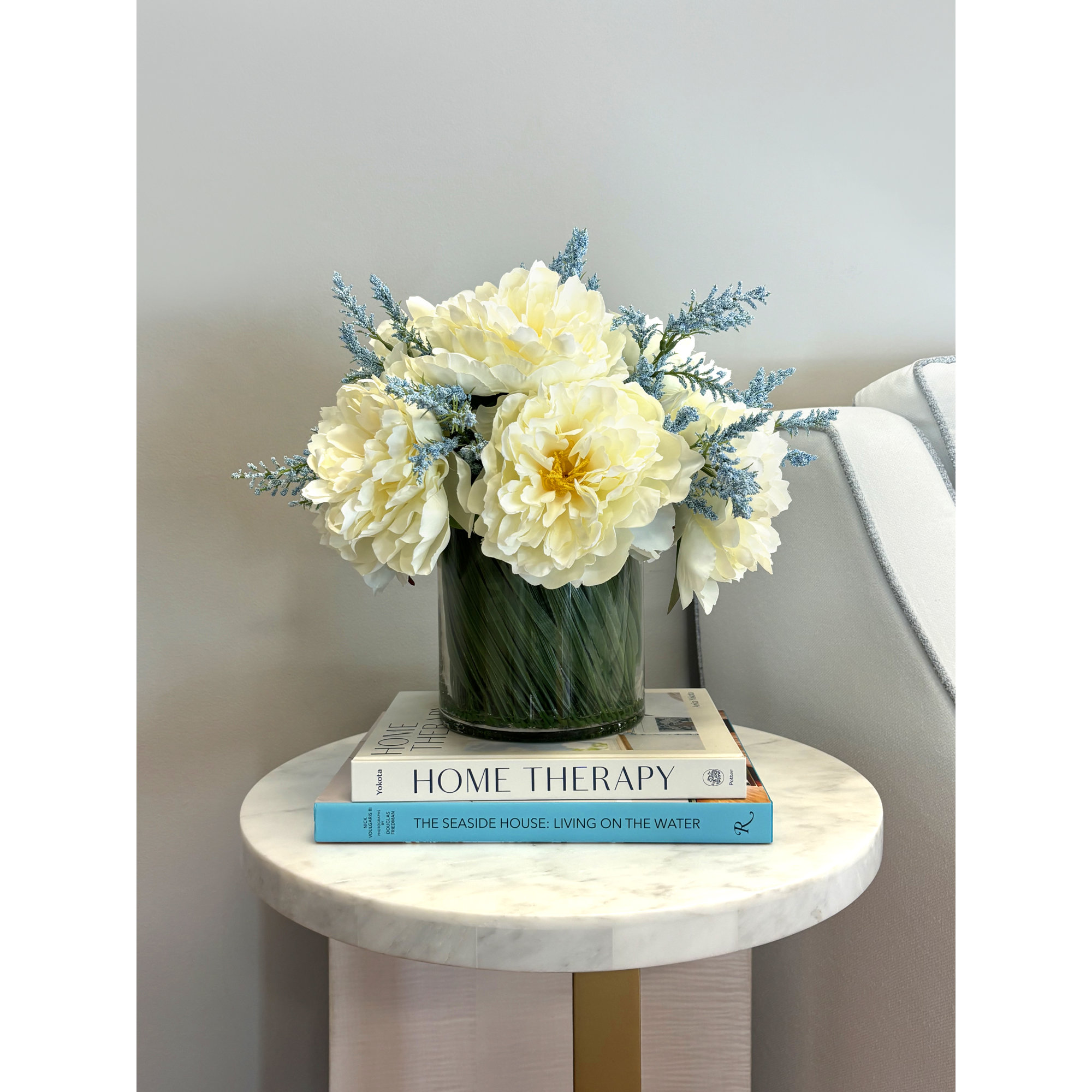 Ferdinand Peony Floral Arrangements in Vase, White/Sky Blue