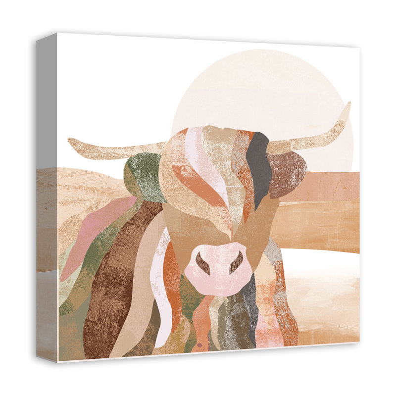 Boho Highland Cow sur impression sur toile, H 12 po x l 12 po x P 1,25 po
