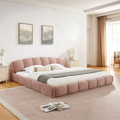 King Size Elegant Chenille Upholstered Platform Bed Frame, Thick Curved Headboard & Wrapped Footboard, Low Profile Floor Bed, No Box Spring Required, Easy Assembly, Pink (83.86''×92.7''×26.8'')