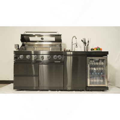 43" 6-Burner 85,000 BTU Deluxe Stainless Steel Outdoor Kitchen BBQ Island Grill with Wine Cooler, Rotisserie & Granite Countertop