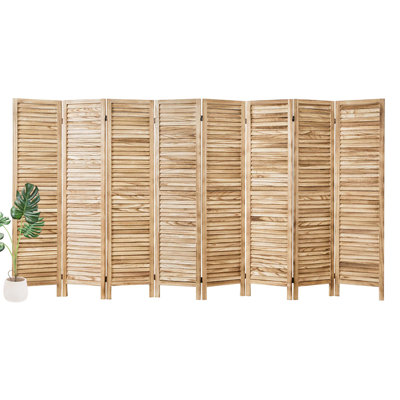 5.6 Ft Louvered Folding Room Divider - Freestanding Paulownia Wood Privacy Screen with Double Hinges (White, Brown, Natural)