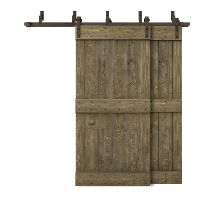 Porte de grange double à panneaux en bois teinté à panneau Mid-Bar, Tonneau vieilli, 76 po x 84 po