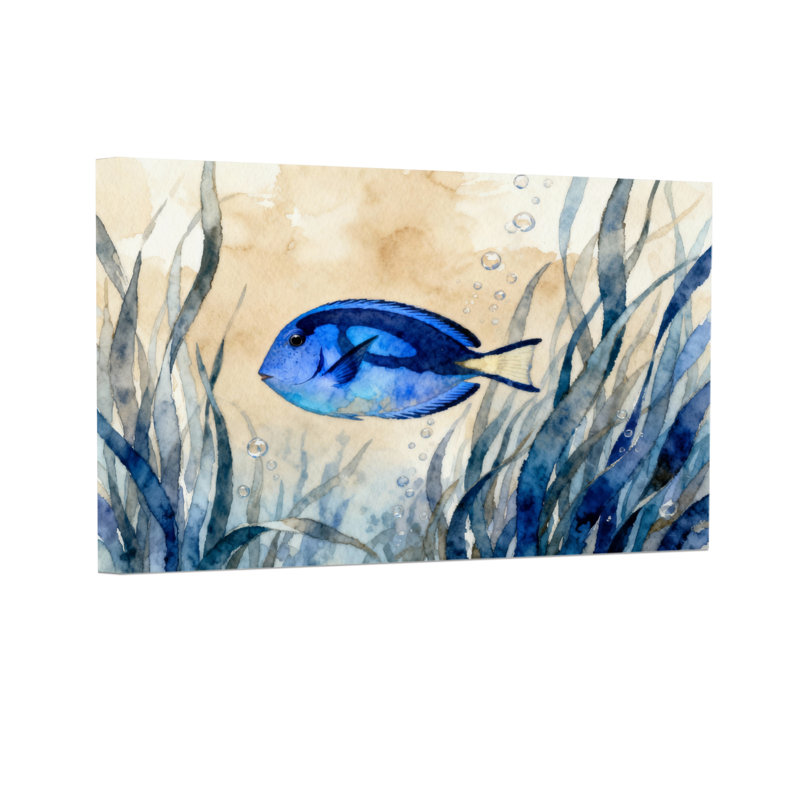 Animaux, poisson bleu parmi les herbes marines avec bulles, H 32 po x l 48 po