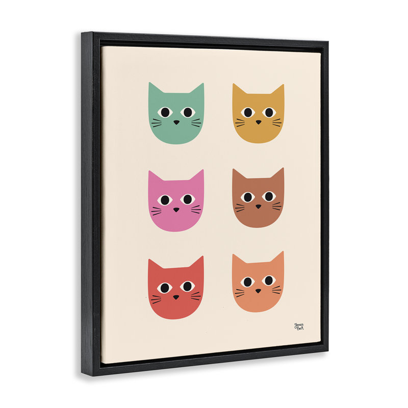 «Colorful Cat faces», art mural encadré flottant par Jessica Beck, Cadre flottant noir de jais, H 21 po x l 17 po