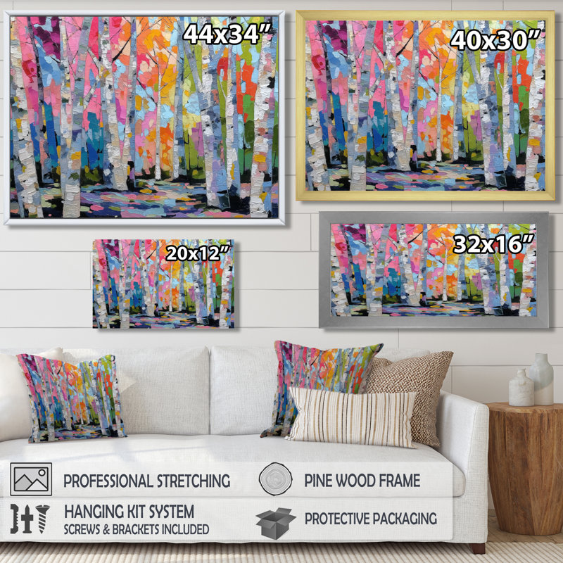 «Pink Orange Vibrant Birch Forest», impression d'art sur toile rose nature, H 30 po x l 40 po, Toile tendue