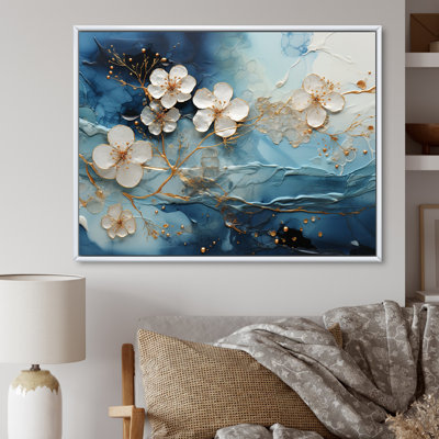 Encre liquide blanche et bleue II - Fleurs, art mural