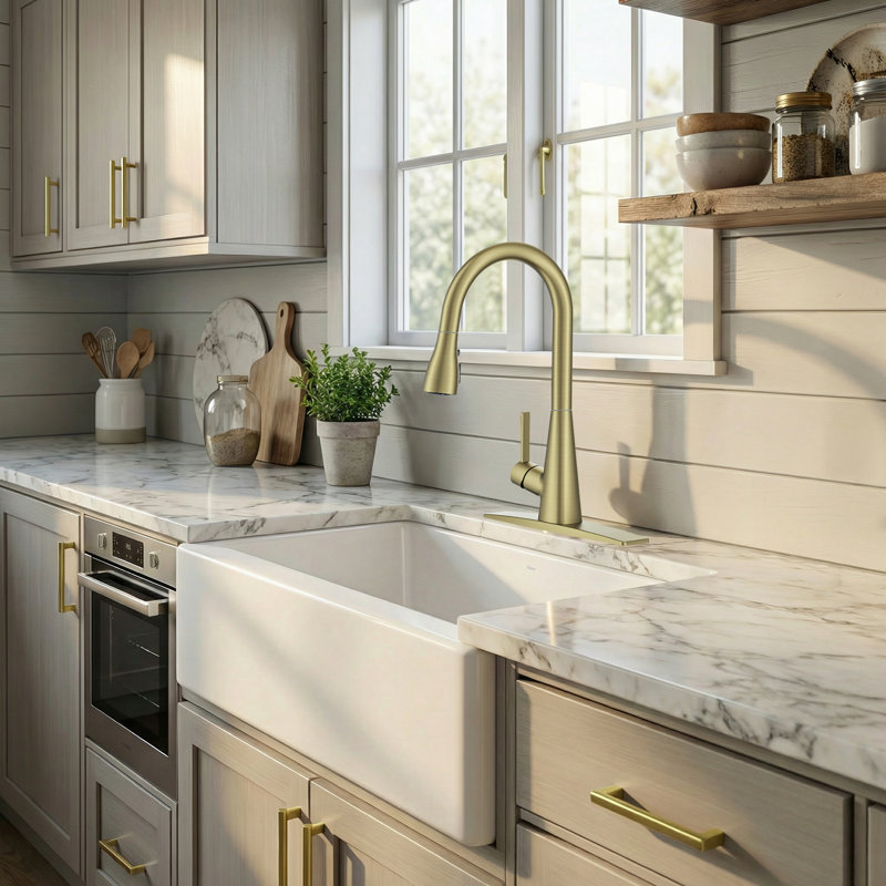 Pull Down Kitchen Faucet With Deck Plate, Without Soap Dispenser, Gold