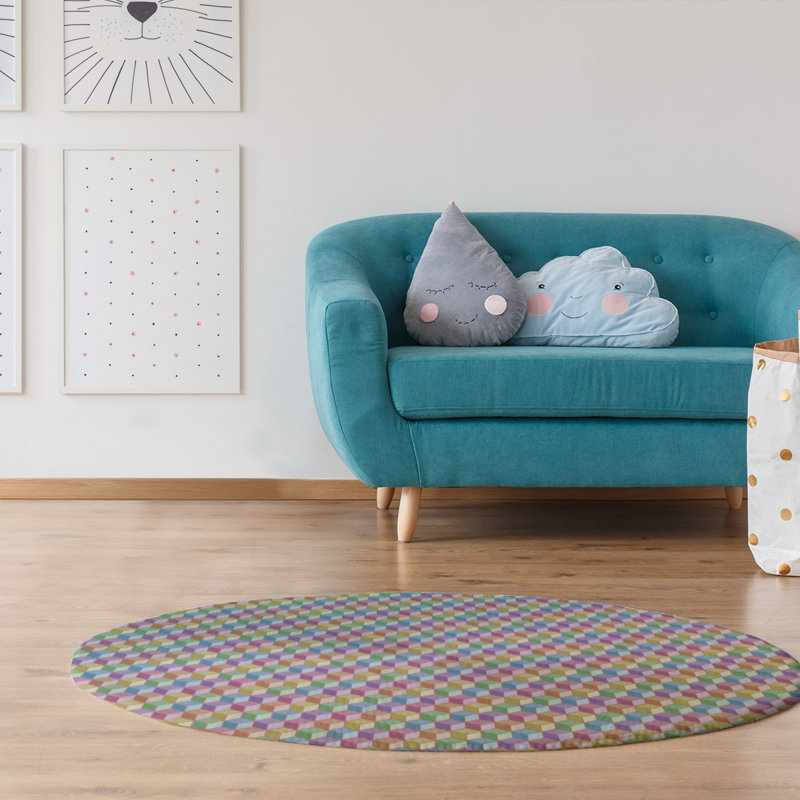 Tapis cube bleu clair/jaune/prune, Rond 5 pi